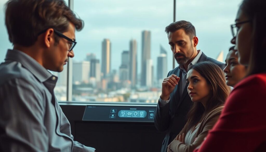 A thought-provoking scene of ethical considerations in AI adoption. In the foreground, a diverse group of individuals deliberating, their expressions reflecting deep contemplation. The middle ground features a sleek, minimalist control panel with holographic displays, symbolizing the advanced technology at the heart of the discussion. In the background, a city skyline with towering skyscrapers, conveying the far-reaching impact of AI on our modern world. Soft, diffused lighting casts an introspective mood, as the scene invites the viewer to ponder the delicate balance between innovation and responsible implementation. A cinematic, wide-angle lens captures the gravity of the moment, emphasizing the weight of the decisions being made.