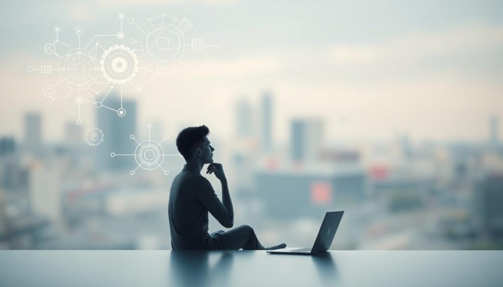 A thoughtful human figure in the foreground, pondering the balance between AI tools and interpersonal connection. The figure is sitting in a serene, minimalist environment, with a laptop or tablet on a simple desk. Soft, diffused lighting creates a contemplative atmosphere. In the middle ground, abstract representations of AI systems and data flows emerge, hinting at the power and complexity of technology. The background features a blurred cityscape or natural landscape, symbolizing the broader social and environmental context. The overall mood is one of introspection and a search for equilibrium between digital and human realms.