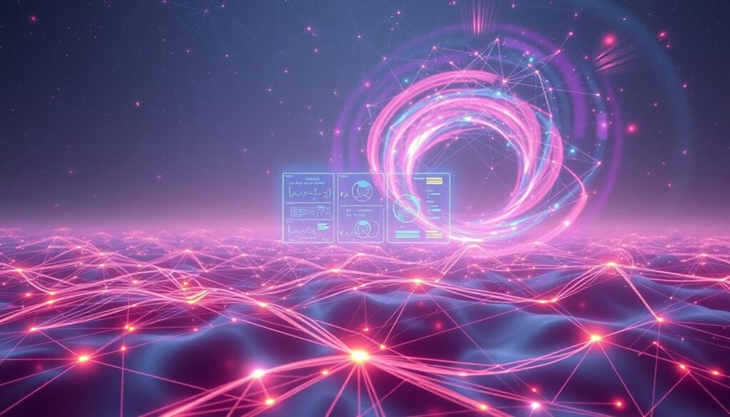 A vast, ethereal landscape of quantum computing algorithms. In the foreground, intricate geometric shapes and lines of vibrant, flowing energy radiate outward, representing the intricate structures and processes of quantum algorithms. In the middle ground, a holographic display projects complex mathematical equations and data visualizations, showcasing the computational power of these algorithms. The background is a swirling, iridescent vortex of quantum particles, hinting at the underlying quantum mechanical principles that govern these algorithms. The scene is bathed in a soft, diffuse light, creating a sense of mystique and wonder. The overall atmosphere conveys the immense potential of quantum computing to unlock new frontiers of scientific discovery and technological innovation.
