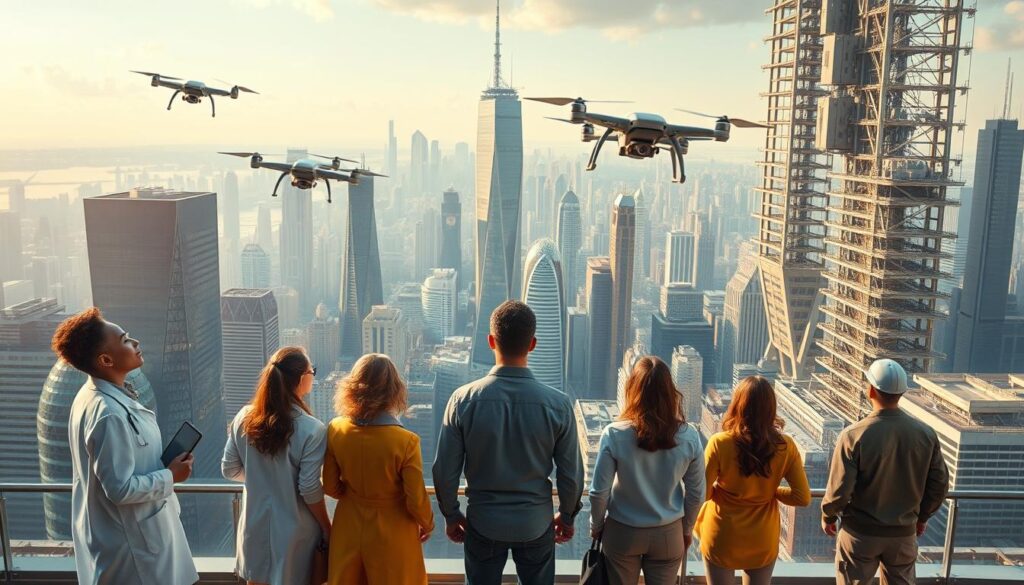 A vast, futuristic cityscape stretches out before the viewer, its towering skyscrapers and gleaming infrastructure a testament to technological advancement. In the foreground, a group of diverse individuals stand, each representing a different professional role - a doctor, an engineer, a salesperson, a factory worker. They gaze upwards, their expressions a mix of awe, curiosity, and uncertainty, as AI-powered drones and robotic assistants navigate the urban landscape, seamlessly integrated into the daily fabric of this evolving workspace. The scene is bathed in a warm, golden light, suggesting a sense of progress and transformation, while the underlying tension of the impact of AI on traditional job roles is palpable, inviting the viewer to contemplate the challenges and opportunities that lie ahead.