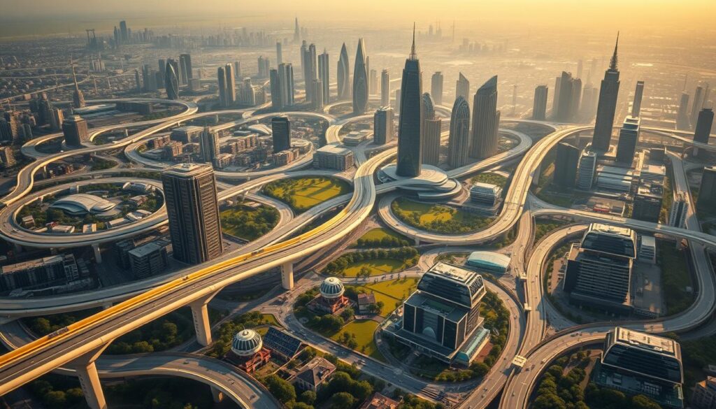 A vast, technologically-advanced metropolis stretches out before the viewer, its gleaming skyscrapers and efficient infrastructure bathed in warm, golden light. In the foreground, a network of elevated walkways and autonomous transport systems weave through the urban landscape, connecting residential, commercial, and industrial zones. The middle ground features expansive green spaces, with solar-powered smart homes and public buildings seamlessly integrated into the environment. In the background, a state-of-the-art energy grid and water management system are visible, powering the city's sustainable operations. The overall atmosphere conveys a sense of harmony, where technology and nature coexist in a delicate balance, creating a thriving, efficient, and environmentally-conscious urban center.