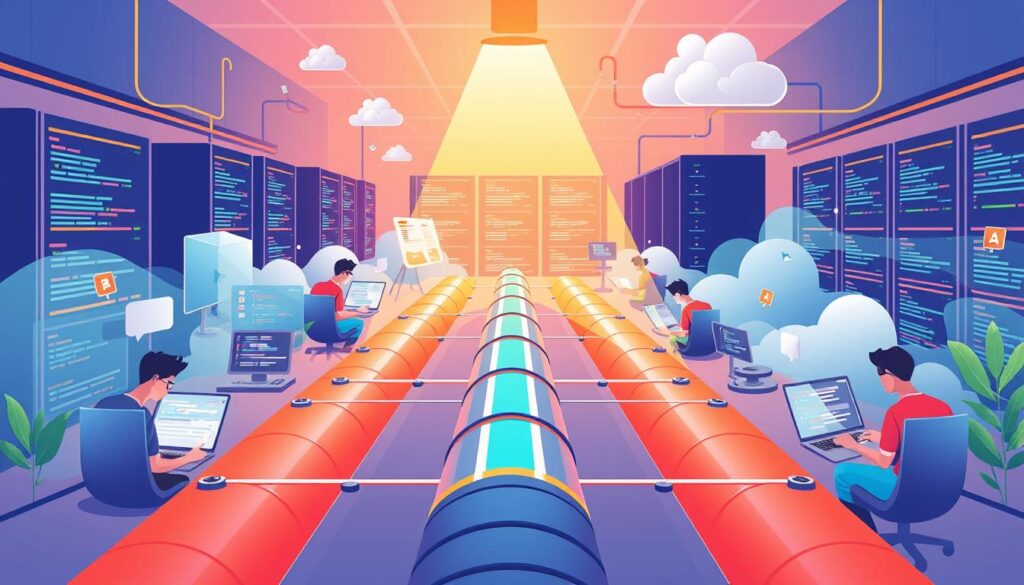 A vibrant and dynamic illustration of a continuous integration process. In the foreground, a central pipeline represents the flow of code changes, with various stages such as build, test, and deploy. In the middle ground, developers collaboratively work on their laptops, their screens displaying code editors and test results. In the background, a server rack and cloud infrastructure symbolize the seamless integration and deployment of the software. The scene is illuminated by a warm, focused light, conveying a sense of efficiency and progress. The overall composition emphasizes the interconnected nature of the CI workflow, showcasing the collaborative and automated nature of modern software development.