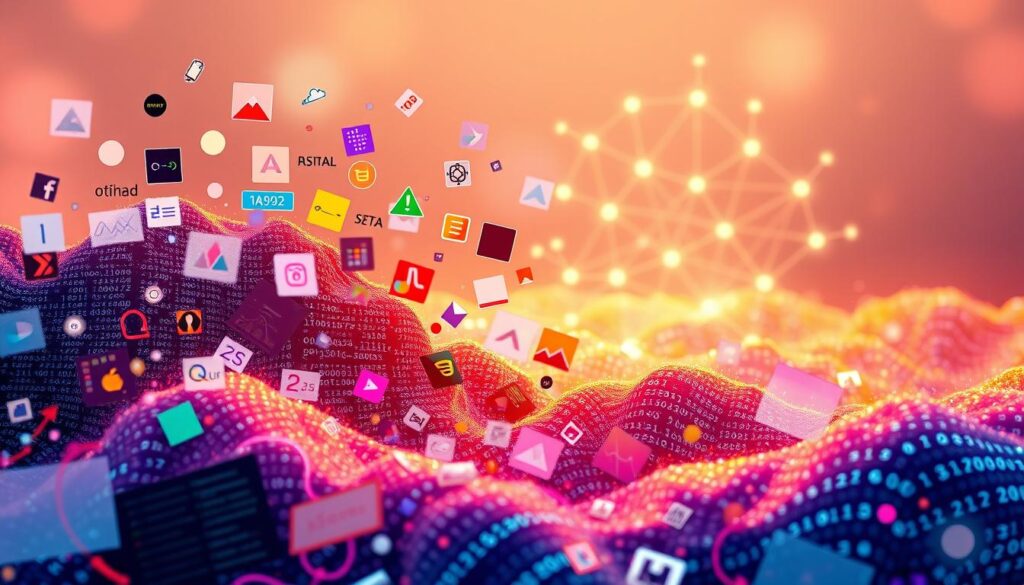 A vibrant and visually compelling illustration of data augmentation techniques in machine learning. In the foreground, a diverse array of data objects - images, text, and numerical data - are being transformed and manipulated through various techniques such as rotation, scaling, cropping, and noise injection. The middle ground showcases these augmented data elements merging and interacting, creating a dynamic and ever-evolving landscape. In the background, a stylized neural network diagram pulses with energy, symbolizing the power of these techniques to enhance model training and performance. The scene is bathed in a soft, warm light, conveying a sense of innovation and progress in the field of artificial intelligence.