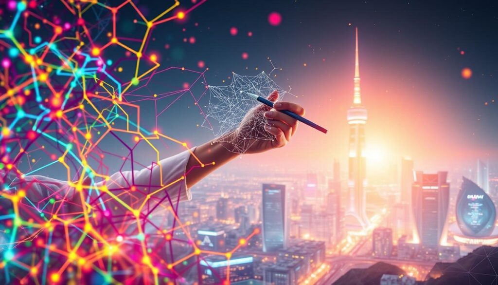 A vibrant, holistic visualization of AI-powered creativity. In the foreground, a cascading network of colorful, dynamic neural pathways intertwine, symbolizing the generative process. The middle ground depicts a hands-on artist manipulating digital brushstrokes, harnessing AI's capabilities to elevate their craft. In the background, a futuristic cityscape bathed in a warm, dreamlike glow serves as the backdrop, suggesting the limitless potential of AI-assisted design. Intricate geometric patterns and soft, ethereal lighting create an atmosphere of innovation and boundless imagination. The overall scene conveys a sense of wonder, collaboration, and the seamless integration of human creativity and artificial intelligence.