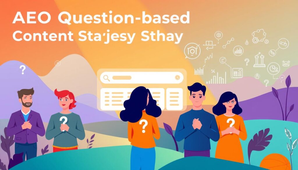 A vibrant, modern illustration showcasing the key elements of an "AEO question-based content strategy". In the foreground, a group of diverse personas representing different user intents, each holding a question mark icon. In the middle ground, a stylized search engine interface with query boxes and relevant content results. In the background, a minimalist landscape with abstract data visualizations and icons representing search engine optimization principles. The scene is illuminated by a warm, directional light source, casting subtle shadows and highlights to create depth and dimensionality. The overall mood is one of strategic focus, user-centricity, and data-driven content creation.