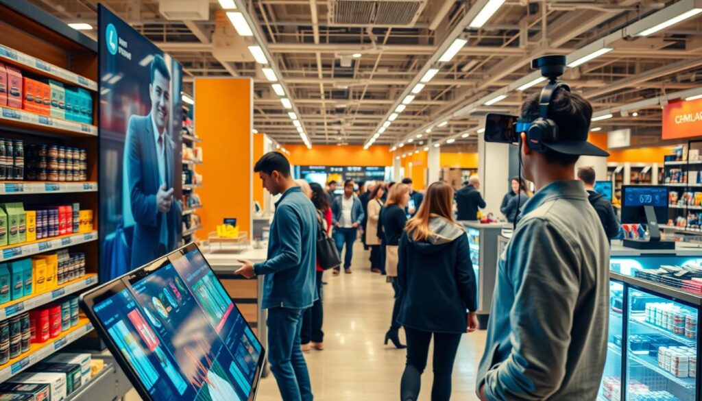 A vibrant retail environment showcasing the power of computer vision technology. In the foreground, a customer interacts with a smart display, their movements and gestures seamlessly recognized and integrated into a personalized shopping experience. In the middle ground, shelves stocked with products are monitored by discreet cameras, tracking inventory levels and consumer behavior. The background reveals a bustling store, with computer vision-enabled checkout kiosks and security systems maintaining a smooth, efficient flow of customers. Warm, directional lighting illuminates the scene, creating a welcoming atmosphere. The overall impression conveys the transformative impact of computer vision, revolutionizing the retail industry with enhanced customer engagement, inventory management, and operational efficiency.