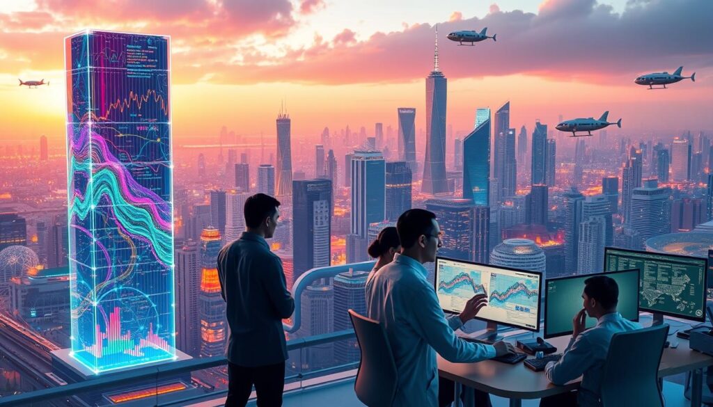 A vibrant visualization of data science applications, showcasing a futuristic cityscape bathed in a warm, ambient glow. In the foreground, a towering holographic display presents an intricate data visualization, its colorful streams of information flowing dynamically. In the middle ground, a team of data scientists collaborate at sleek, minimalist workstations, their faces illuminated by the glow of multiple screens. In the background, a skyline of gleaming skyscrapers and hovering transport pods suggests a world transformed by the power of data-driven insights. The scene conveys a sense of technological progress, intellectual pursuit, and the seamless integration of data science into every aspect of modern life.