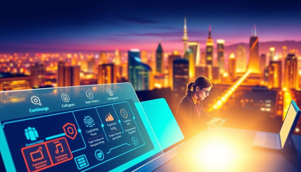 A vibrant, well-lit digital illustration showcasing the key benefits of DevOps Engineering. In the foreground, a stylized interface depicting streamlined software delivery pipelines, with icons representing continuous integration, continuous deployment, and automated testing. In the middle ground, a team of developers collaborating on a project, their faces shining with a sense of productivity and accomplishment. In the background, a bustling cityscape symbolizing the agility and responsiveness of DevOps-driven organizations. The scene is bathed in a warm, optimistic glow, conveying the positive business impact of DevOps Engineering.