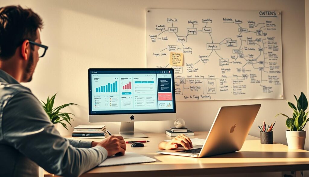 A vibrant, well-lit scene showcasing the process of SEO content creation. In the foreground, a writer sits at a sleek, minimalist desk, intently typing on a modern laptop, surrounded by a carefully curated array of writing tools and research materials. The middle ground features a stylized monitor displaying analytics dashboards and keyword research, conveying the data-driven nature of effective SEO content. In the background, a wall-mounted whiteboard is filled with mind maps, brainstorming notes, and content ideation, reflecting the creative and strategic aspects of the process. The overall mood is one of focused productivity, blending analytical rigor with imaginative content generation, all bathed in a warm, natural lighting that enhances the scene's visual appeal.
