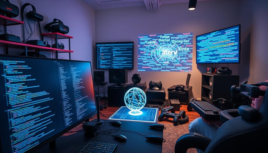 A vibrant workspace filled with the tools of the AR/VR programming trade. In the foreground, a sleek, high-resolution display showcases lines of code in a modern, minimalist IDE. Surrounding it, an array of augmented reality headsets, virtual reality controllers, and other specialized hardware sit neatly organized, ready for experimentation. The middle ground features a holographic projection of a 3D model, its intricate details shimmering with life. In the background, a wall-mounted monitor displays a visualization of various programming languages, their syntax and structures intertwining like the digital weave of the virtual world. Soft, directional lighting illuminates the scene, creating a sense of focus and professional atmosphere.