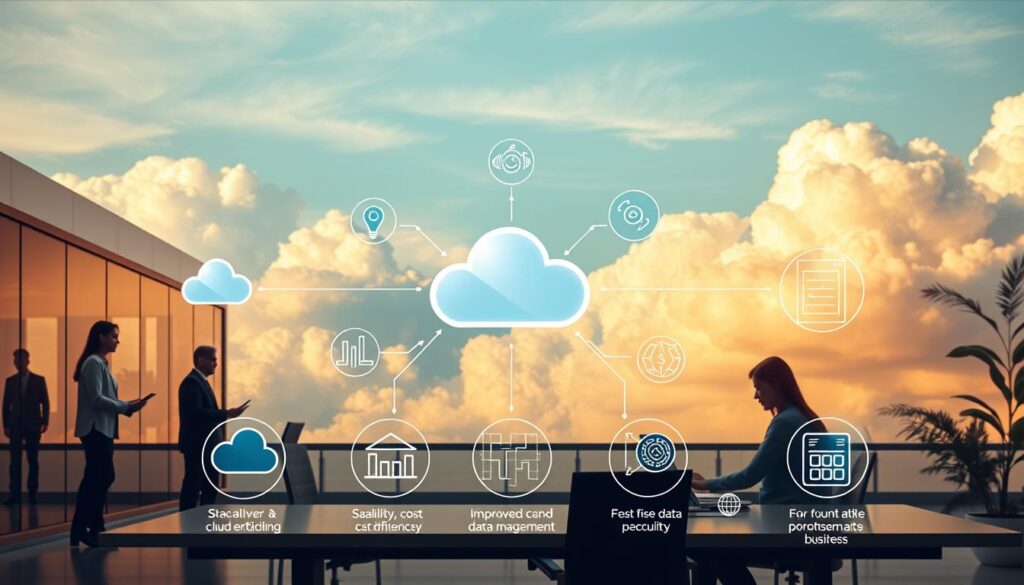 A visually striking and informative image showcasing the key benefits of cloud computing for businesses. The foreground features a sleek, modern office setting with professionals collaborating on digital devices, highlighting the increased productivity and flexibility enabled by cloud-based tools. The middle ground depicts various cloud-related icons and data visualizations, symbolizing the scalability, cost-efficiency, and improved data management capabilities of cloud infrastructure. The background presents a serene, ethereal landscape of cumulus clouds, conveying the reliability, security, and ubiquitous accessibility of cloud-powered resources. Warm, diffused lighting creates a sense of harmony and progress, while a wide-angle lens captures the full scope of this transformative technology's impact on modern enterprises.