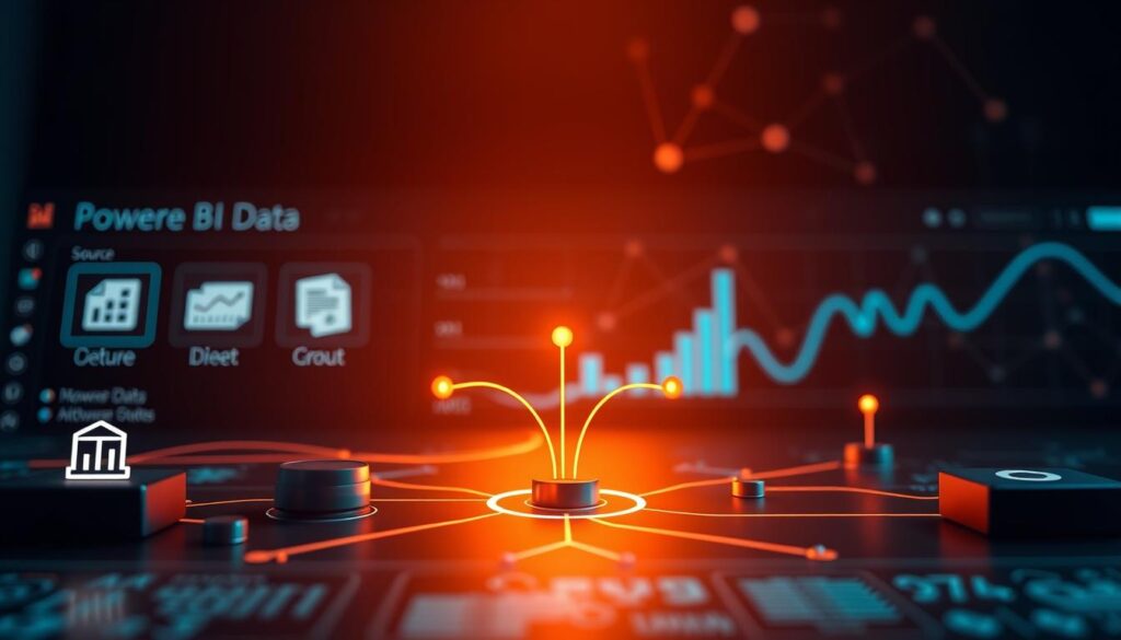 A visually striking and technically accurate illustration of Power BI data connections. Showcase a sleek and modern data dashboard interface, with various data source icons and connectors elegantly arranged in the foreground. In the middle ground, depict fluid data streams flowing between the sources and the Power BI visualization canvas, illuminated by warm, focused lighting. In the background, subtly incorporate an abstract data network, with lines and nodes creating a sense of depth and complexity. Emphasize the seamless integration and intuitive data management capabilities of Power BI through a clean, minimalist design aesthetic.