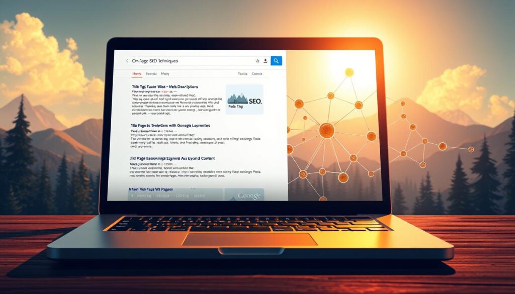 A visually striking digital illustration depicting "On-Page SEO Techniques" for a search engine optimization article. In the foreground, a laptop screen displays a search engine results page, showcasing various on-page optimization elements such as title tags, meta descriptions, and keyword-rich content. In the middle ground, a network of interconnected nodes and lines represents the complex web of internal linking, site structure, and user experience factors. The background features a stylized landscape of mountains and forests, symbolizing the organic growth and natural discovery of high-ranking web pages. The scene is bathed in a warm, golden light, conveying a sense of authority, expertise, and the potential for online success.