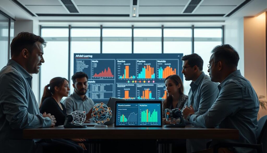 A well-lit and meticulously composed scene of an AI model selection process. In the foreground, a panel of data scientists and machine learning experts scrutinize a series of diverse models, their expressions reflecting deep contemplation. In the middle ground, a large display shows the comparative performance metrics of the models under consideration. The background features a modern, minimalist office setting with floor-to-ceiling windows, conveying a sense of technological sophistication. Soft, directional lighting casts dramatic shadows, adding depth and drama to the scene. The overall mood is one of analytical rigor, thoughtful decision-making, and the pursuit of the optimal AI solution.