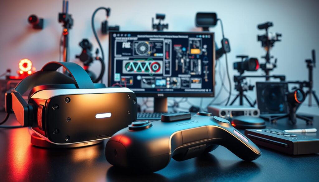 A well-lit, meticulously crafted image of a variety of cutting-edge augmented reality (AR) and virtual reality (VR) development hardware. In the foreground, a sleek and modern VR headset with high-resolution displays, integrated eye-tracking sensors, and wireless connectivity. Nearby, a state-of-the-art motion capture controller with advanced haptic feedback and gesture recognition. In the middle ground, a powerful desktop computer with multiple GPUs, specialized AR/VR rendering hardware, and a high-bandwidth connection. In the background, a collection of sensors, cameras, and tracking devices, all seamlessly integrated to enable next-generation immersive experiences. The image conveys a sense of innovation, technological sophistication, and the necessary tools for pioneering AR/VR development.