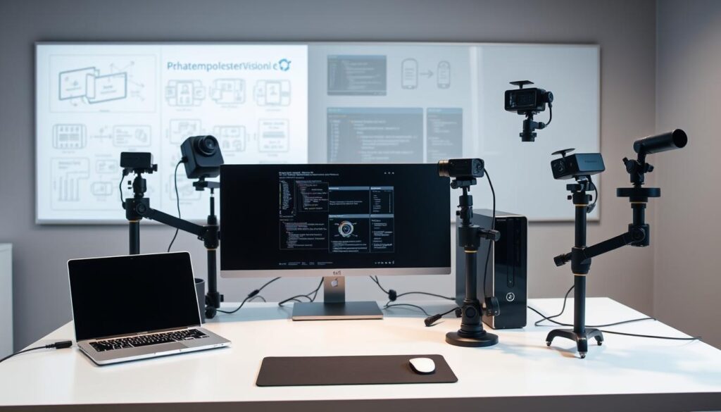 A well-lit, modern computer desk setup with an open laptop, a high-resolution display, a sleek desktop computer, and an array of sensors and cameras on adjustable mounts. The desk is clean and organized, with a minimalist aesthetic. The lighting is soft and diffused, creating a calm and focused atmosphere. In the background, a large whiteboard or digital display shows diagrams, code snippets, and other visual elements related to computer vision. The overall scene conveys a sense of productivity, innovation, and the excitement of embarking on a new computer vision project.
