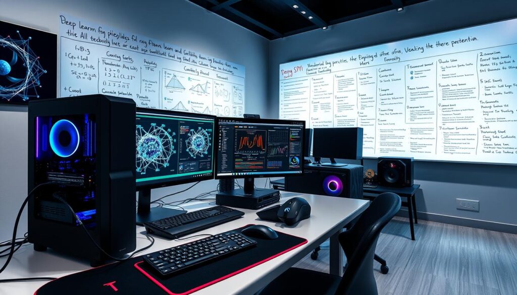 A well-lit, modern deep learning workstation, with a powerful GPU-equipped desktop computer and multiple monitors displaying complex neural network architectures and data visualization dashboards. The desk is neatly organized, with a keyboard, mouse, and a high-end gaming mouse pad. Sleek, black hardware components are carefully arranged, complemented by the soft glow of RGB lighting. In the background, a large whiteboard filled with equations, diagrams, and pseudocode serves as a collaborative workspace for the deep learning team. The room has a minimalist, tech-savvy ambiance, conveying a sense of focus, innovation, and the pursuit of cutting-edge AI research.