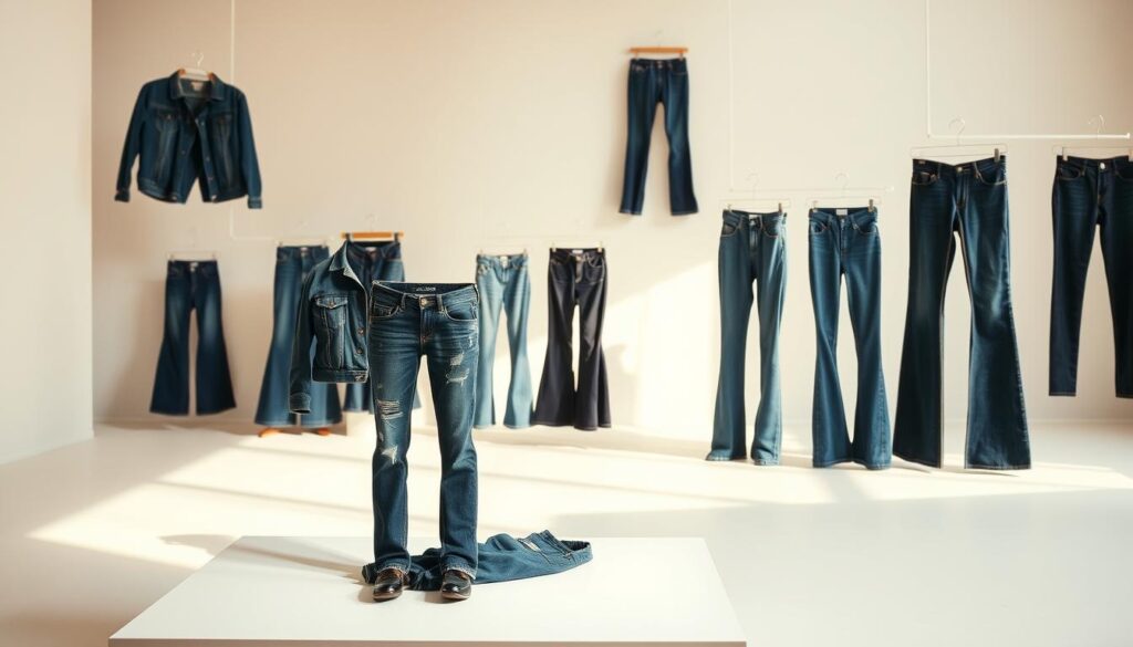 A well-lit studio scene showcasing a diverse collection of AEO denim apparel. In the foreground, a pair of distressed skinny jeans and a dark wash denim jacket are displayed on a clean white surface. In the middle ground, various shades of blue denim bottoms, from flared to straight-leg, are arranged artfully. In the background, a soft gray wall provides a minimalist backdrop, allowing the denim pieces to take center stage. The lighting is warm and natural, casting subtle shadows that accentuate the texture and quality of the fabrics. The overall mood is one of effortless style and versatility, capturing the essence of the AEO denim collections.
