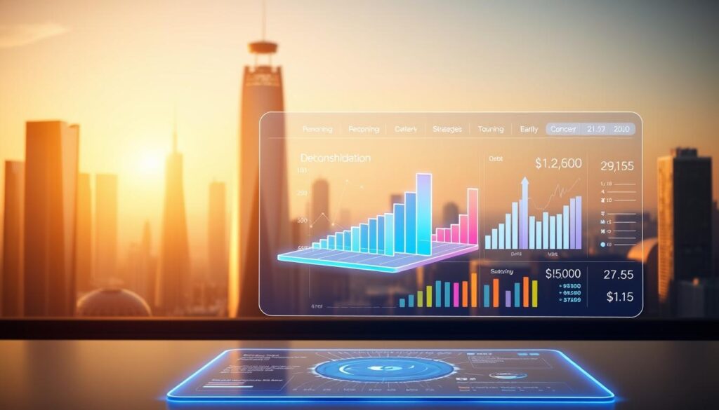 An AI-powered financial dashboard displays debt consolidation options, with a warm, futuristic aesthetic. In the foreground, a sleek, holographic interface showcases personalized debt management strategies, optimized by advanced algorithms. The middle ground features a stylized 3D representation of debt consolidation, with colorful graphs and charts floating in a minimalist, high-tech environment. In the background, a cityscape of gleaming skyscrapers and futuristic architecture sets the scene, hinting at the transformative power of AI-driven financial solutions. Soft, directional lighting casts a serene, modern glow, conveying a sense of control and empowerment over one's financial future.