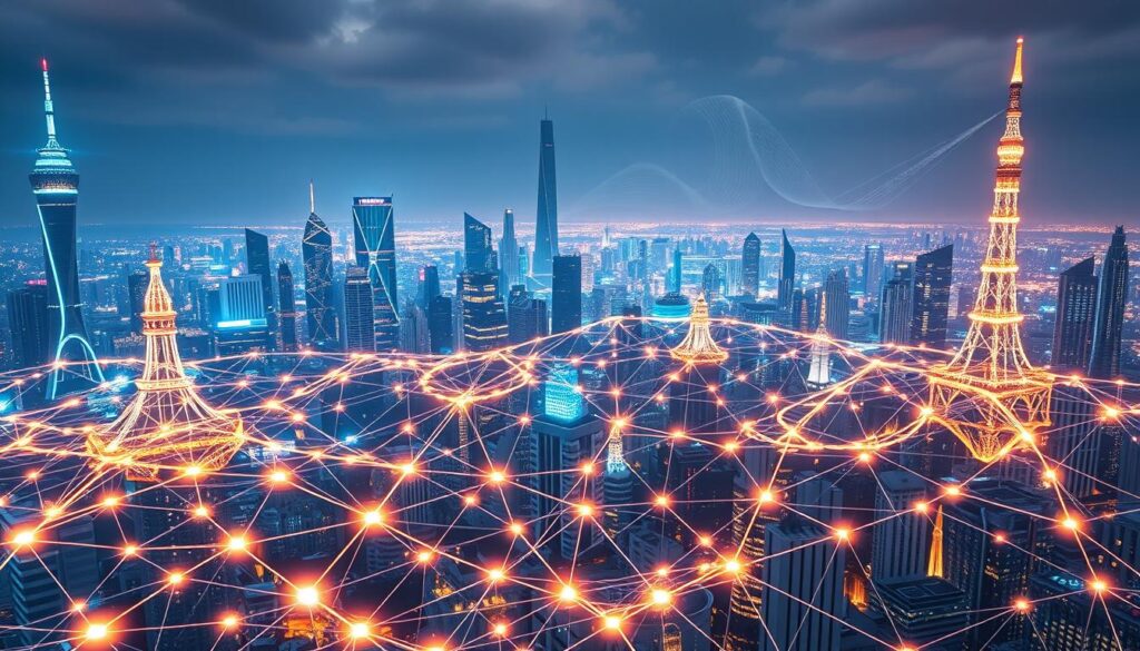 Blockchain Networks: An Ethereal Tapestry A futuristic cityscape of gleaming towers and interconnected nodes, bathed in an ethereal glow. In the foreground, a vibrant network of blockchain pathways pulsates with digital energy, its intricate lines and curves forming a captivating visual symphony. The middle ground showcases a diverse array of blockchain applications, from smart contracts to decentralized finance, each represented by distinct geometric shapes and symbols. In the background, a backdrop of cascading data streams and holographic projections sets the stage for a technological revolution, hinting at the transformative potential of blockchain technology. The overall atmosphere is one of innovation, seamless integration, and the boundless possibilities of a decentralized future.