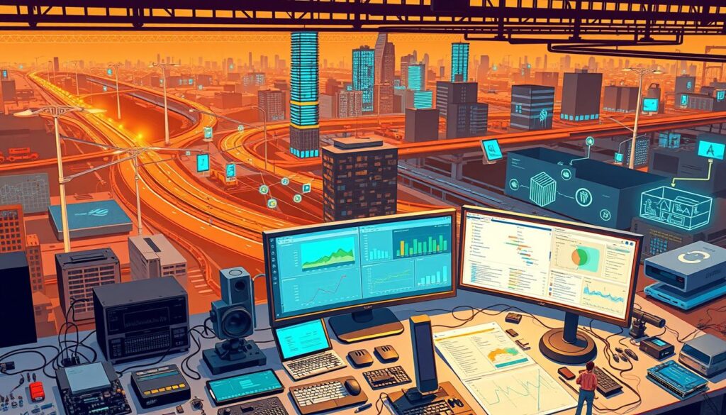 Detailed, technical illustration of various IoT development platforms and tools. In the foreground, a central workstation with multiple screens displaying various IoT software interfaces and dashboards. Surrounding it, a diverse array of IoT devices and hardware components like sensors, microcontrollers, gateways, and cloud platforms. In the middle ground, developers collaborating around the workstation, analyzing data and configuring IoT solutions. In the background, a cityscape with connected smart infrastructure elements like street lights, traffic signals, and buildings. Warm, industrial lighting with hints of blue and green accents to convey the technological and innovative atmosphere of IoT development.