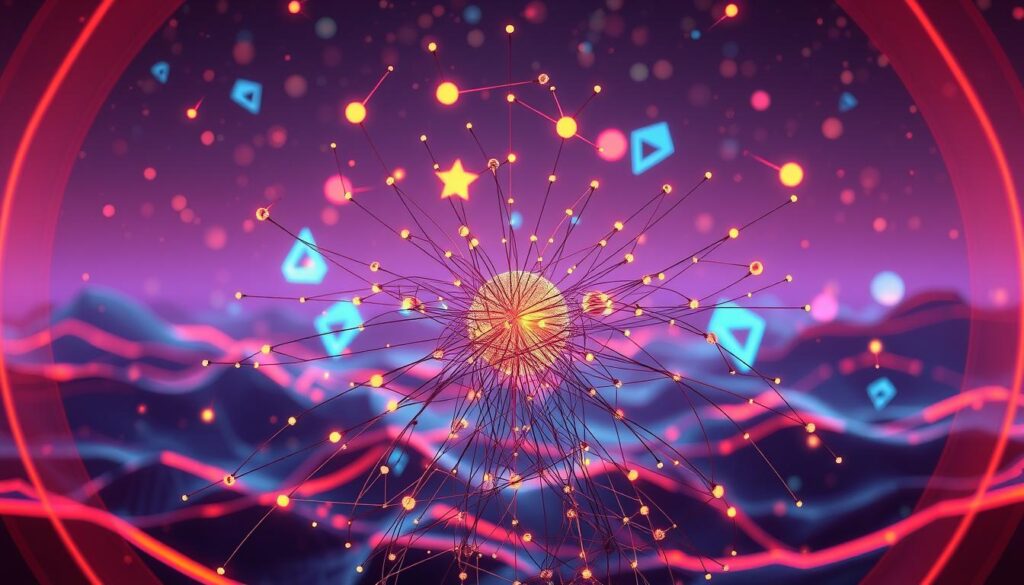 Neural network augmentation depicted as a complex, multilayered system of interconnected nodes and pathways. In the foreground, a central neural network is shown, with intricate patterns of lines and shapes representing the various layers and connections. The middle ground features abstract, glowing geometric shapes and forms, symbolizing the process of data augmentation and transformation. The background is a vibrant, futuristic landscape with a diffused, neon-like lighting, creating a sense of dynamism and technological sophistication. The overall composition conveys the idea of a highly advanced, adaptive AI system that can learn and evolve through the application of innovative augmentation techniques.
