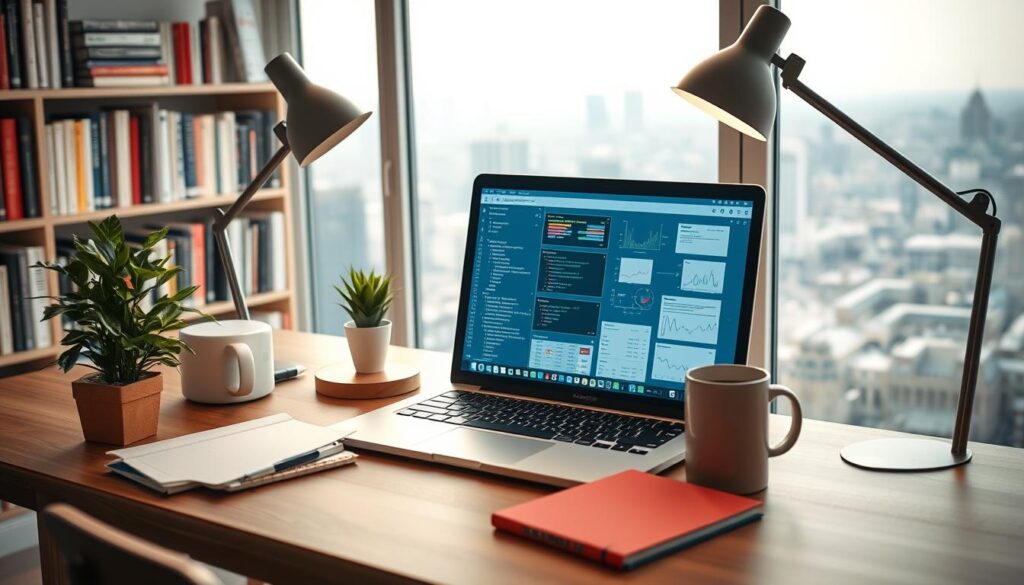 a cozy home office setup with a laptop, notebook, and various data science tools like statistical software, coding IDE, and visualization libraries displayed on the screen. The desk is neatly organized with a desk lamp, potted plant, and a mug of coffee. The background features a bookshelf with relevant data science books and a large window overlooking a tranquil cityscape. The lighting is soft and warm, creating a productive and inviting atmosphere. The overall composition conveys the idea of a well-equipped, comfortable, and inspiring workspace for data science projects.