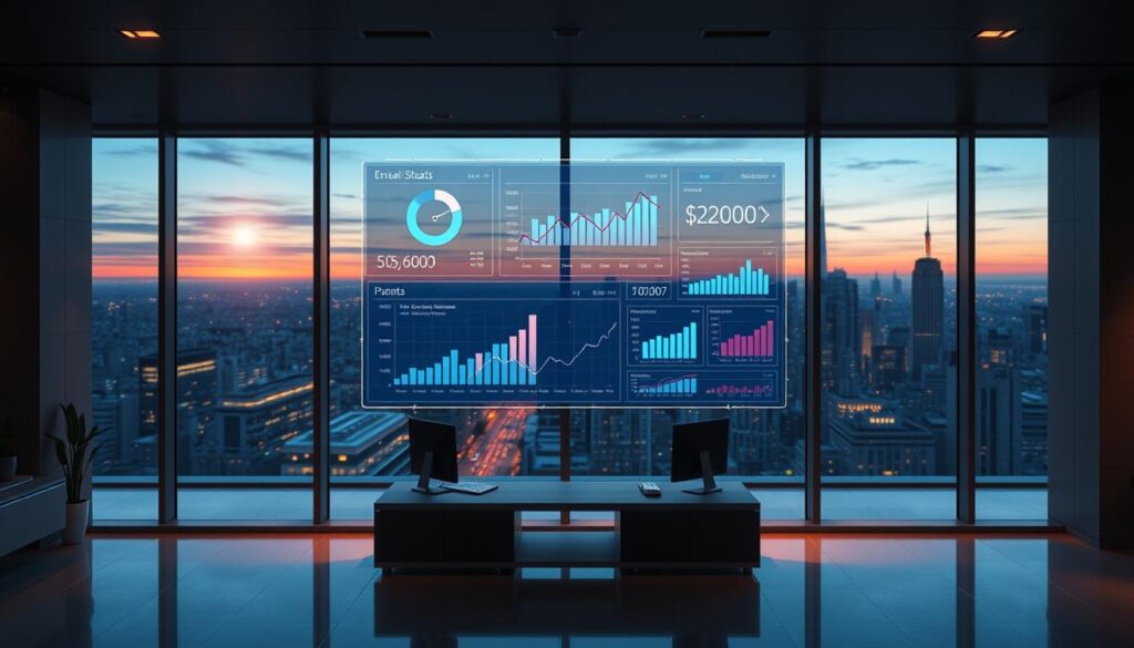 a detailed, highly realistic illustration of "AI in Personal Finance" in the style of a professional financial visualization, featuring a futuristic dashboard with interactive financial charts, graphs, and data visualizations projected in mid-air against a modern, minimalist office interior with floor-to-ceiling windows overlooking a vibrant cityscape at dusk, illuminated by warm, soft lighting and subtle lens flare effects