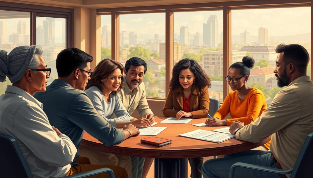 a detailed, hyper-realistic digital illustration of a "community needs assessment" process, depicting a group of diverse community members gathered around a table, engaged in discussion and collaboration. The scene is set in a warm, well-lit conference room, with large windows overlooking a vibrant urban landscape in the background. The participants, representing various age groups, ethnicities, and socioeconomic backgrounds, are leaning in, sharing ideas and insights, as they work together to identify the key needs and challenges facing their local community. The overall mood is one of thoughtful engagement, with a sense of purpose and a collaborative spirit permeating the scene.