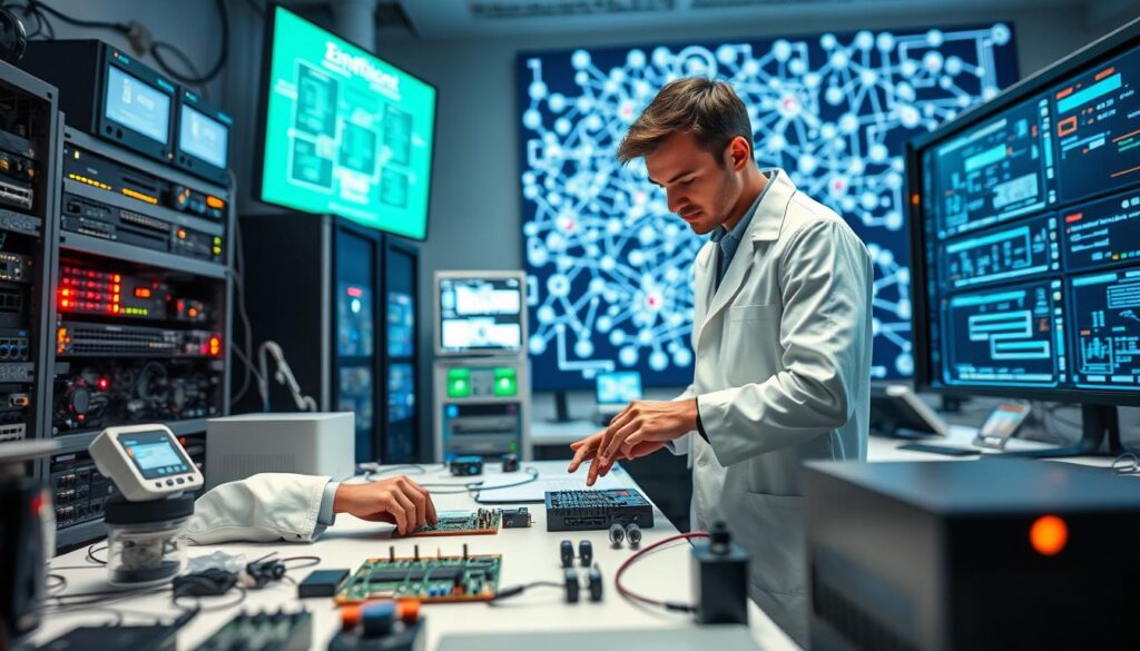 a highly detailed and technical image of IoT security testing, set in a modern, well-equipped IoT security lab. In the foreground, a technician in a white lab coat is intently examining a circuit board on a workbench, surrounded by various IoT devices, sensors, and diagnostic equipment. The middle ground features a rack of servers and networking gear, with blinking lights and displays showcasing real-time security monitoring and analytics. In the background, a large screen displays a complex network diagram, illustrating the interconnectivity of IoT systems and potential attack vectors. The lighting is bright and clinical, creating a sense of precision and professionalism. The overall atmosphere conveys a serious, focused, and high-tech approach to IoT security testing and evaluation.