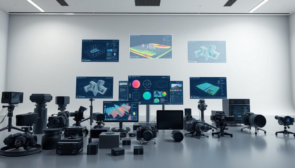 a highly detailed, cinematic scene of computer vision tools and frameworks, set against a clean, minimalist background. in the foreground, a collection of cutting-edge sensors, cameras, and imaging devices, such as LIDAR scanners, high-resolution digital cameras, and thermal imaging systems, arranged in an orderly, almost sculptural display. in the middle ground, an array of software interfaces and visualization tools, including 3D point cloud renderings, object detection heatmaps, and augmented reality overlays, projected onto floating holographic displays. in the background, a sleek, high-tech environment, with smooth surfaces, clean lines, and subtle ambient lighting, evoking a sense of precision, innovation, and technological advancement. the overall mood is one of clinical efficiency, research, and scientific discovery.