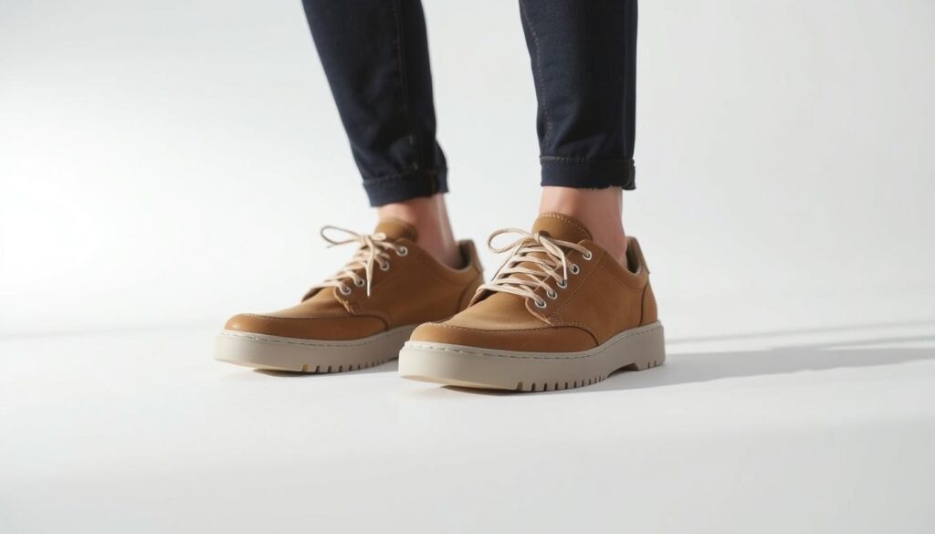 a pair of American Eagle Outfitters (AEO) brand footwear, shot in a well-lit, minimalist studio setting with a clean white background. The shoes are positioned prominently in the center of the frame, showcasing their sleek and stylish design. The lighting is soft and diffused, highlighting the materials and textures of the shoes, such as the smooth leather or suede upper, the sturdy rubber sole, and any distinctive design elements. The angle is slightly elevated, giving the viewer a clear, unobstructed view of the footwear. The overall mood is one of sophistication and attention to detail, reflecting the quality and craftsmanship of the AEO brand.