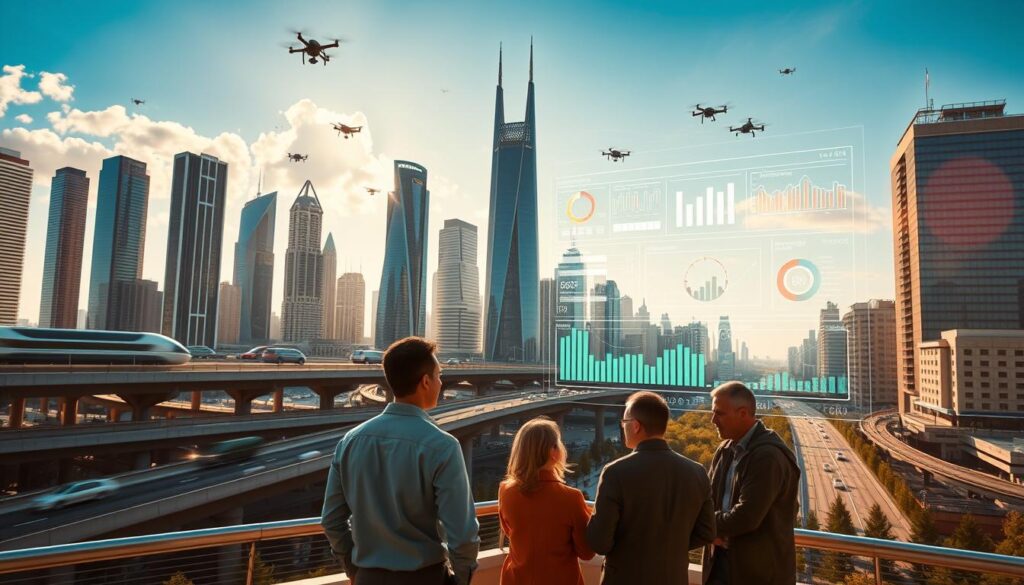 cinematic wide angle view of a futuristic smart city skyline, with sleek high-rise buildings, autonomous vehicles on elevated highways, drone delivery systems, and integrated sensor networks. Bright sunlight casting long shadows, with a warm, vibrant color palette. In the foreground, a holographic display showing data visualizations and analytics related to the city's infrastructure, energy usage, traffic patterns, and sustainability metrics. A team of urban planners and technologists examining the display, deep in discussion. Subtle lens flare and depth of field blur to heighten the sense of advanced technology.